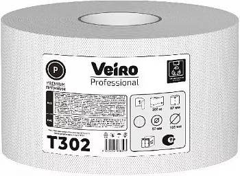 T302 Veiro Professional Туалетная бумага в средних рулонах 1-сл, D 165 мм, ширина 92 мм, 12рул*200 м