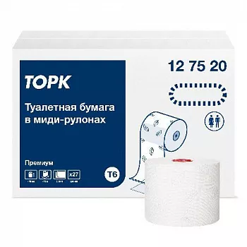 127520 Tork Premium туалетная бумага Mid-size в миди-рулонах мягкая, 2сл., 90 м, 27рул.*упак.
